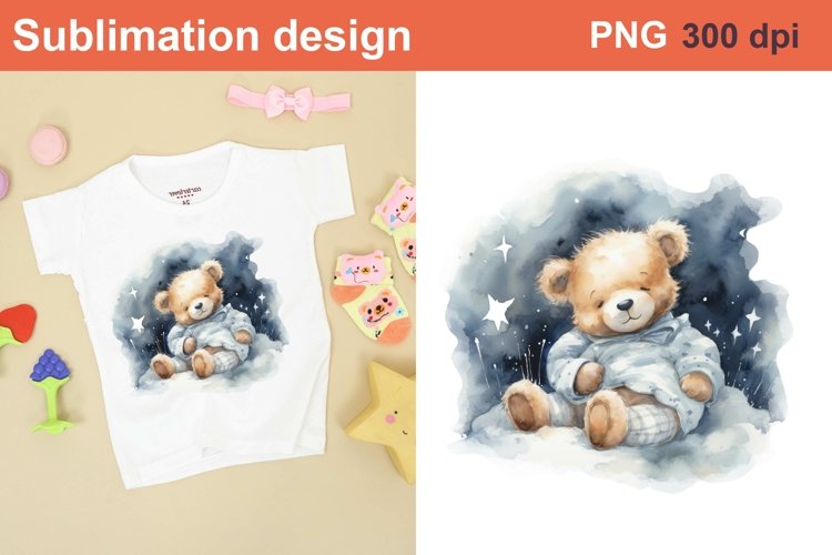 Teddy bear watercolor sublimation|Cute teddy sleeping example image 1
