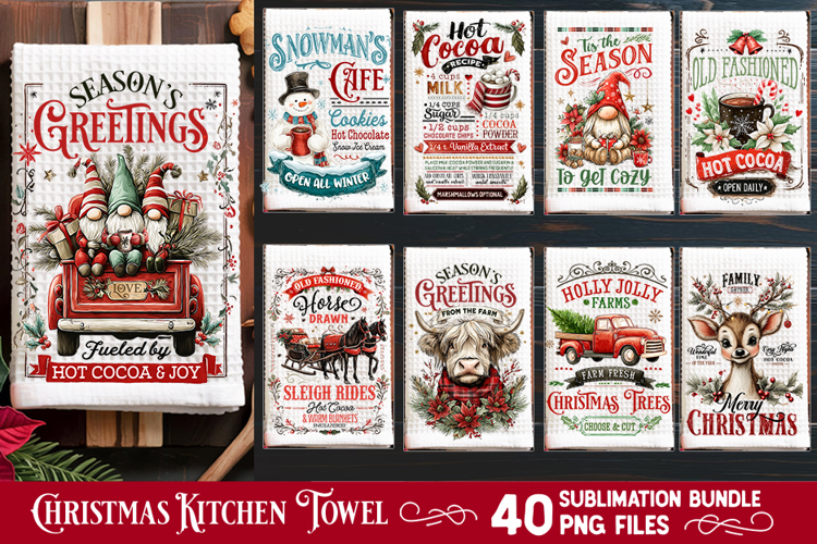 Christmas Kitchen Towel Sublimation PNG Bundle 40 Designs