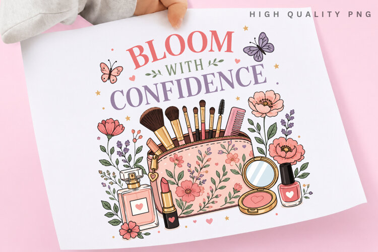 Bloom With Confidence PNG Sublimation Design, Floral Makeup example image 1