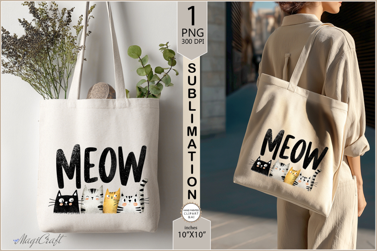 MEOW Cute cats sublimation|Tote Bag Design| cat Sublimation