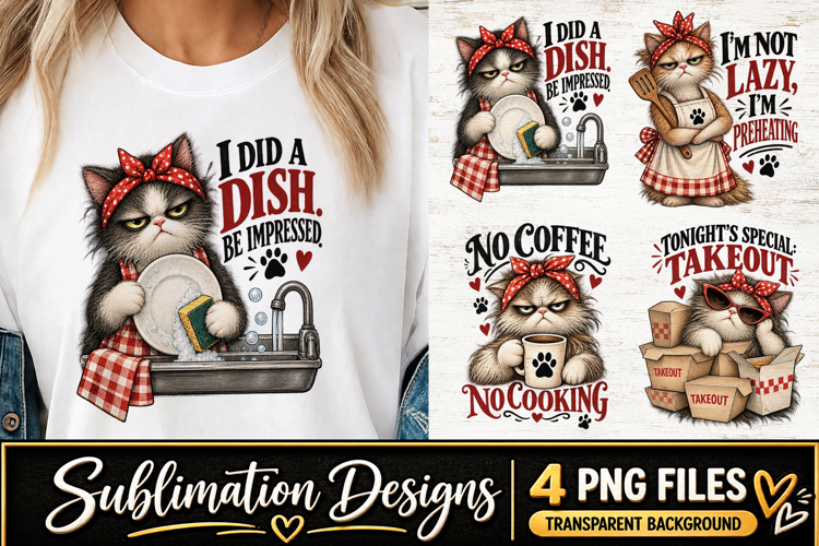 Funny Cat Kitchen Clipart Sublimation PNG