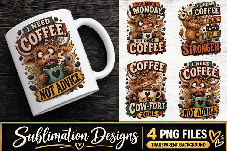 Funny Cow Coffee Clipart Sublimation PNG
