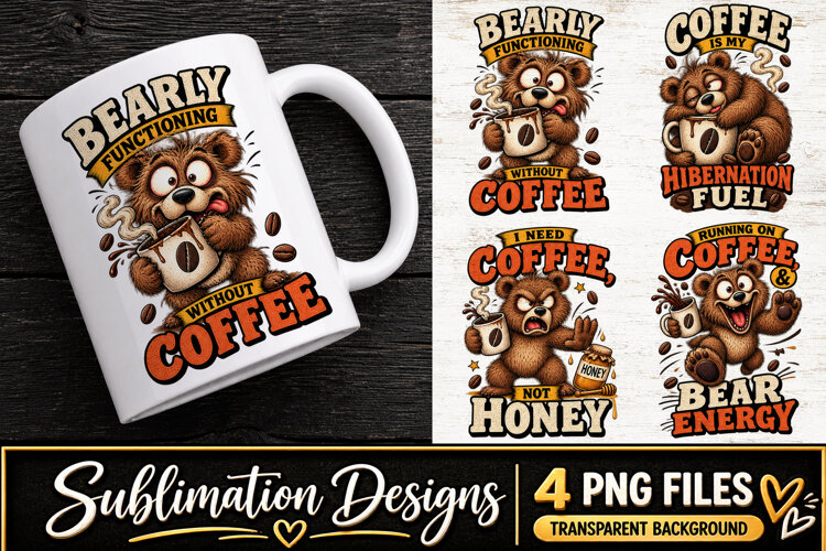 Funny Bear Coffee Clipart Sublimation PNG example image 1