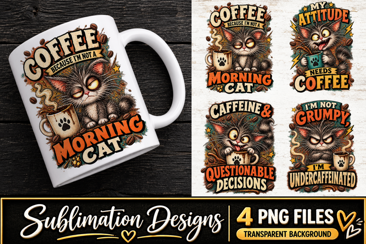Funny Coffee Cat Clipart Sublimation PNG