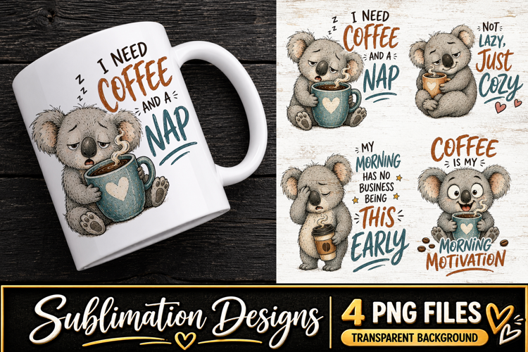 Funny Koala Coffee Clipart Sublimation PNG