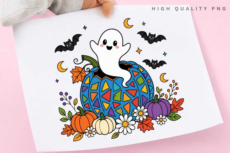 Cute Ghost In Blue Pumpkin PNG, Mosaic Pumpkin Sublimation