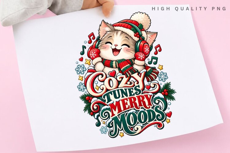Cute Christmas Cat with Headphones Cozy Tunes Merry Moods example image 1