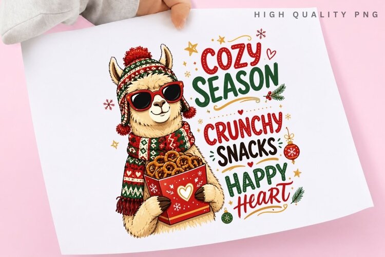 Cozy Season Christmas Llama PNG Sublimation Design example image 1