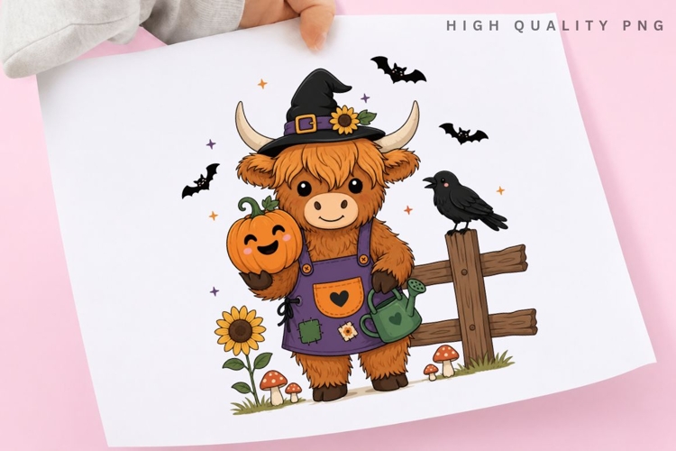 Gardening Witch Highland Cow PNG Sublimation Design, Cute