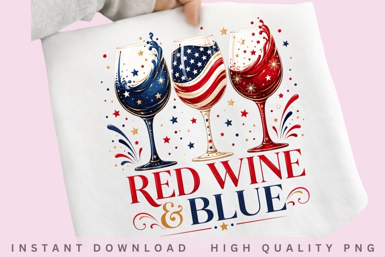 Red Wine & Blue PNG Design, Patriotic Wine Glass Sublimation example image 1