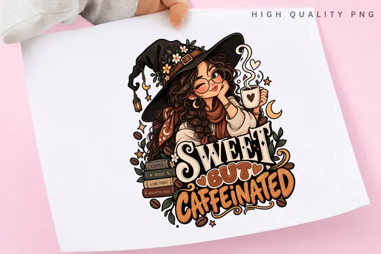Sweet But Caffeinated PNG, Witchy Coffee Girl Clipart