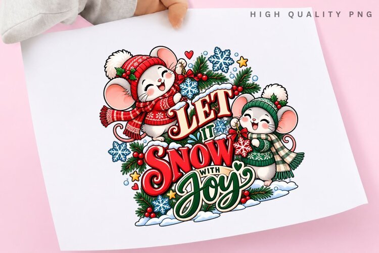Cute Christmas Mice Let It Snow with Joy Winter Holiday example image 1