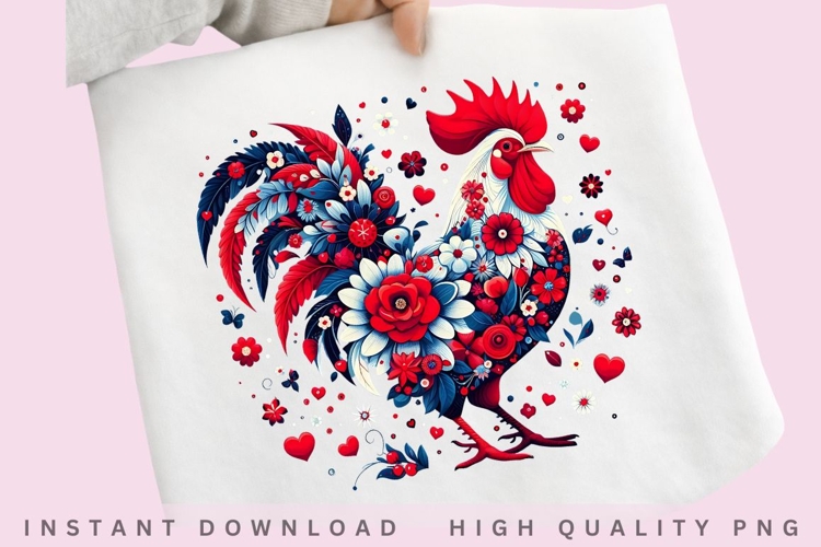 Floral Rooster PNG, Patriotic Chicken Sublimation Design,