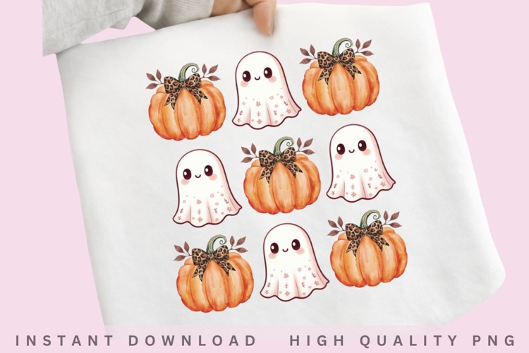 Cute Ghost Coquette Pumpkin Clipart PNG example image 1