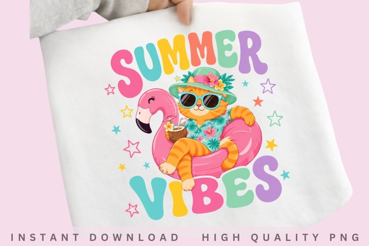 Summer Vibes Cat PNG Design, Cute Flamingo Pool Cat example image 1