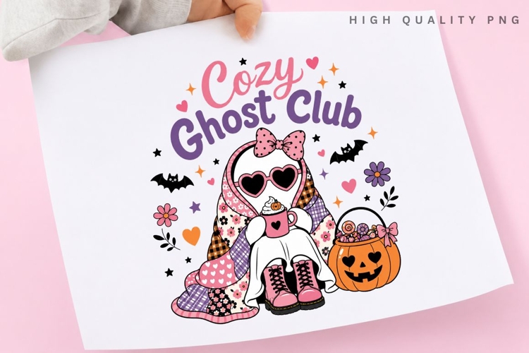 Cozy Ghost Club PNG, Pink Ghost Coffee Sublimation