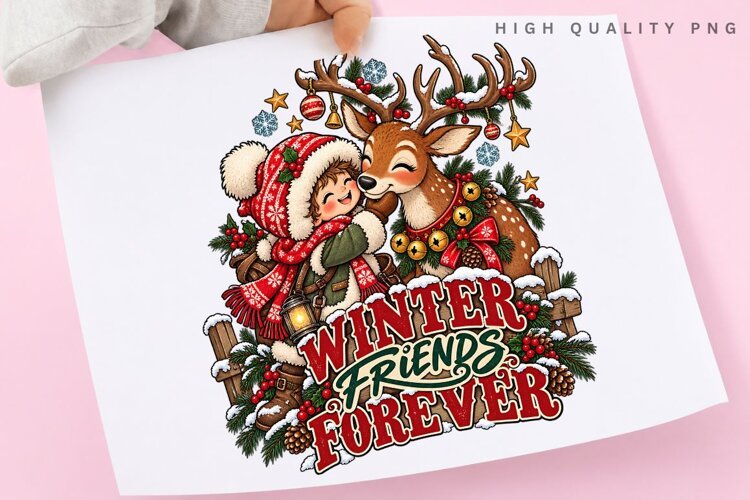 Winter Friends Forever Cute Reindeer and Child Christmas example image 1