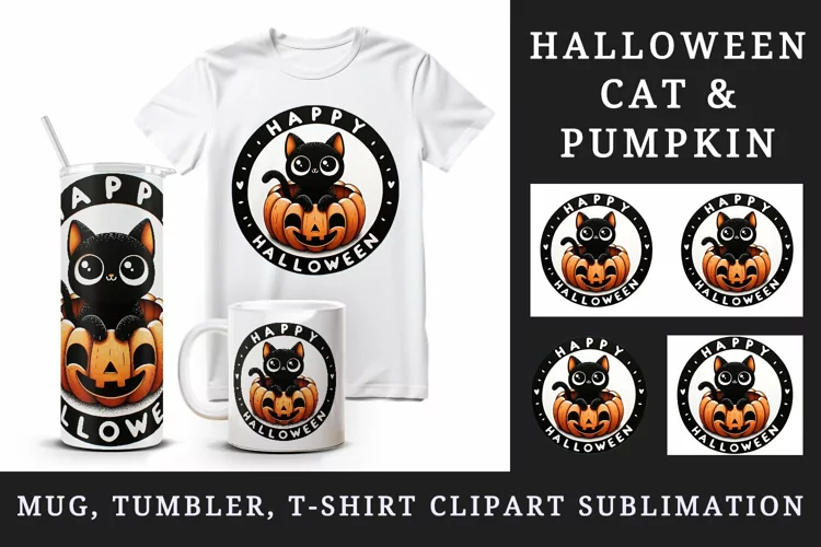 Halloween cat tumbler, mug wrap, clipart sublimation design