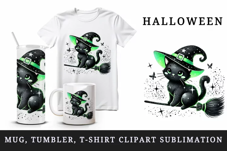 Halloween black cat tumbler mug wrap clipart sublimation png