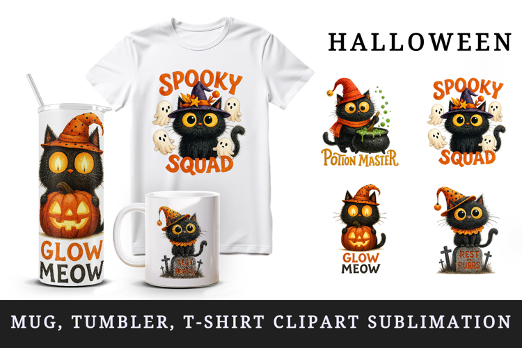 Halloween black cat tumbler mug clipart sublimation design