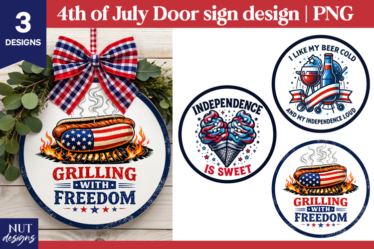 4th of July round sign, bbq patriotic sign sublimation example image 1