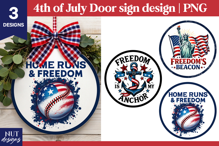 4th of July round sign, baseball patriotic door sign example image 1