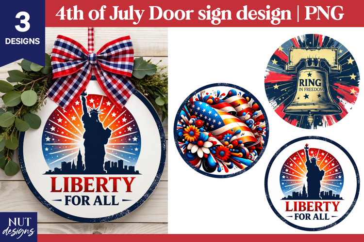 4th of July round sign, Liberty patriotic door sign example image 1