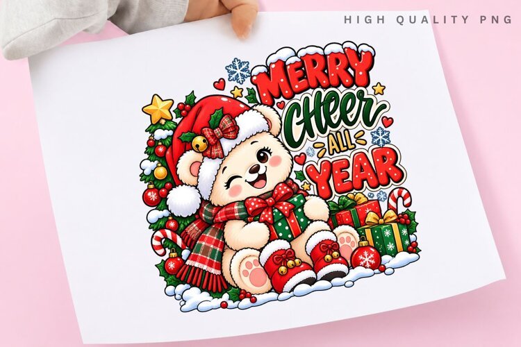 Cute Christmas Teddy Bear with Gift Box Merry Cheer All Year example image 1