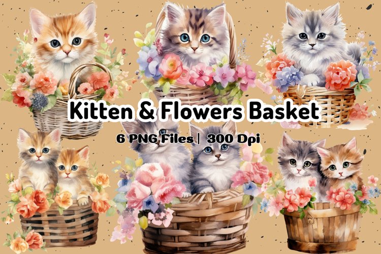Kitten Flowers Wooden Basket Watercolor, Bundle Clipart PNG