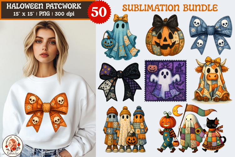 Patchwork Halloween Sublimation Bundle PNG, Retro Ghost