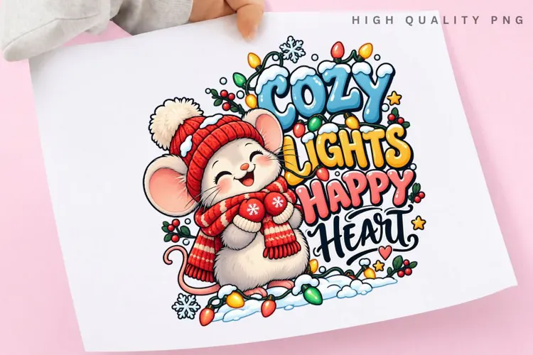 Cute Christmas Mouse with Colorful Lights Cozy Winter Happy