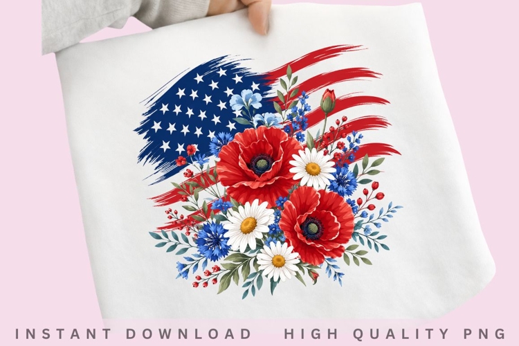 Patriotic Floral USA PNG Design, American Flag Poppy Flower example image 1