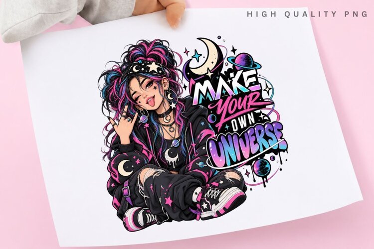 Cosmic Alternative Girl with Pink Blue Hair, Crescent Moon example image 1