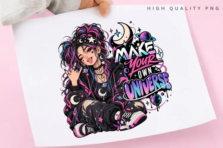 Cosmic Alternative Girl with Pink Blue Hair, Crescent Moon