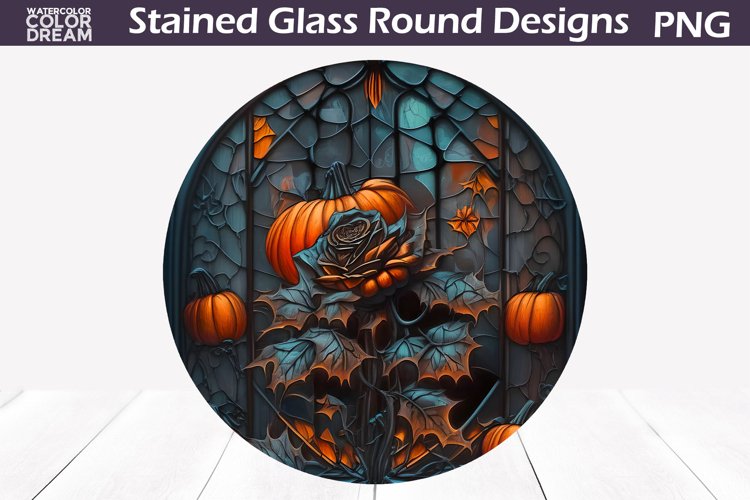 Pumpkin Stained Glass Round Design | Halloween Stained Glass example image 1