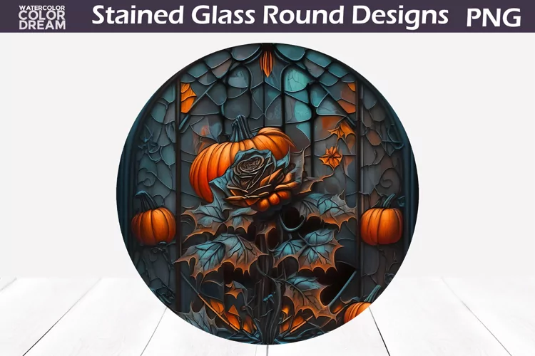 Pumpkin Stained Glass Round Design | Halloween Stained Glass