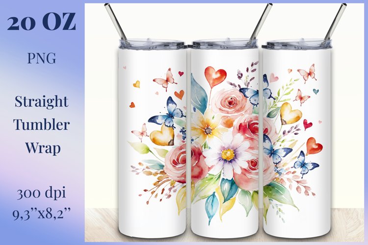 Beautiful watercolor composition spring flowers bloom in bright shades. Artwork is specifically crafted for sublimation design on a tumbler 20 oz. High resolution and high quality perfect for printing and sublimation