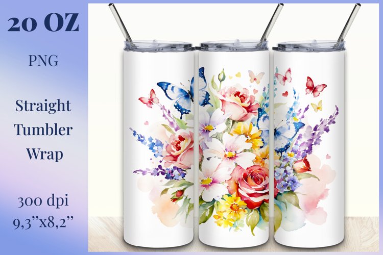 Beautiful watercolor composition spring flowers bloom in bright shades. Artwork is specifically crafted for sublimation design on a tumbler 20 oz. High resolution and high quality perfect for printing and sublimation