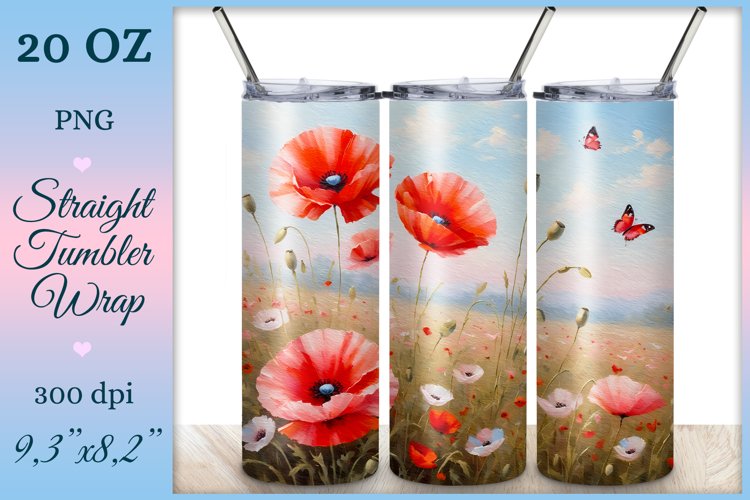 Watercolor Tumbler Wrap, Summer Poppies, Sublimation Design