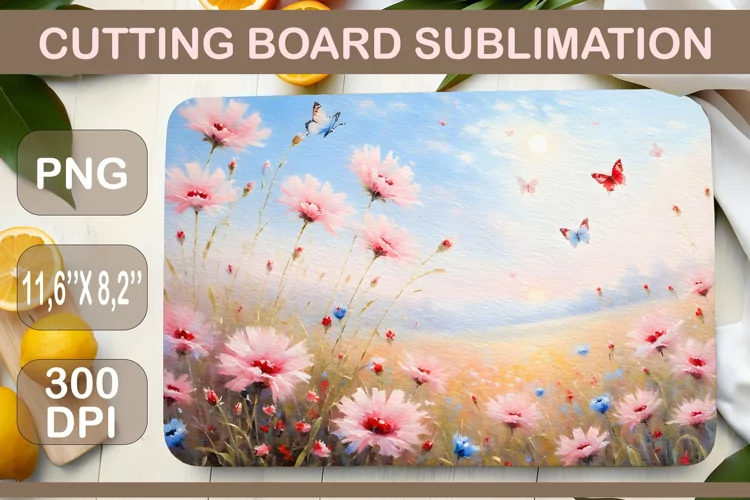 Cutting Board Sublimation Design, Pink Meadow Flowers, Png
