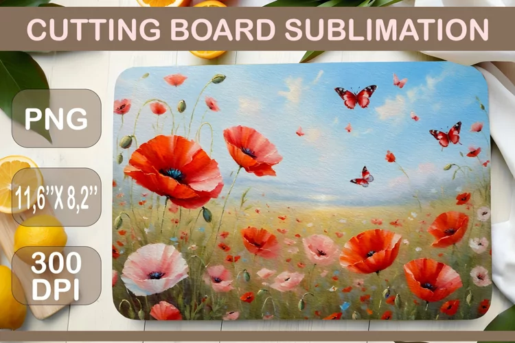 Red Poppies, Kitchen Cutting Board, Sublimation Design, Png