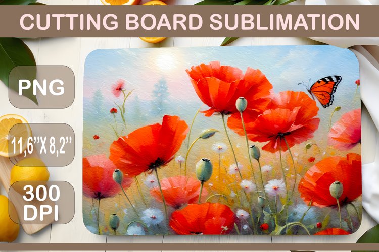 Sublimation Design, Red Poppies, Kitchen Cutting Board