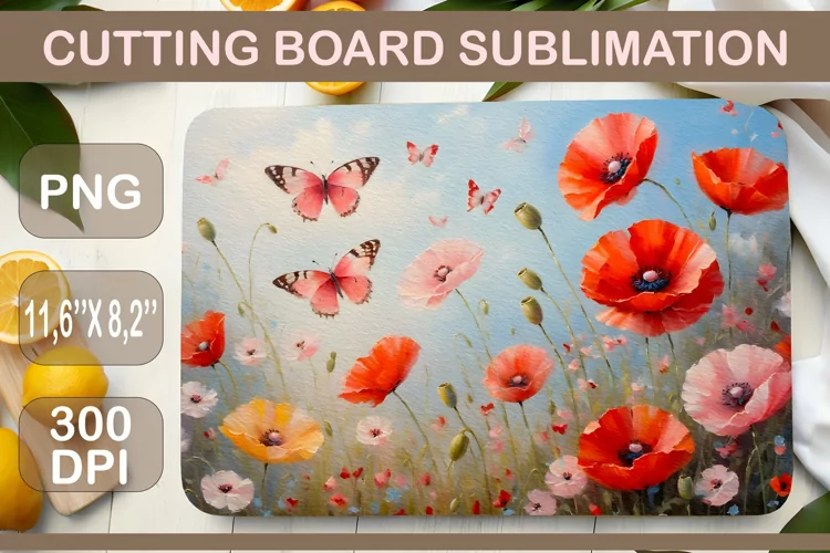 Red Poppies, Kitchen Cutting Board, Sublimation Design, Png