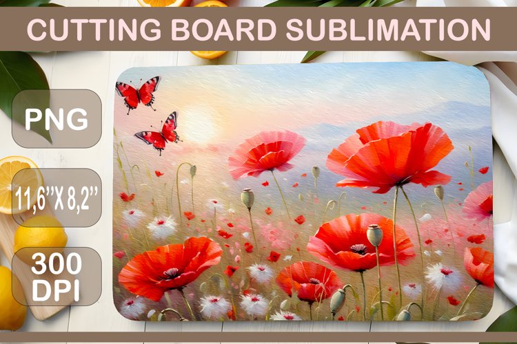 Sublimation Design, Red Poppies, Kitchen Cutting Board