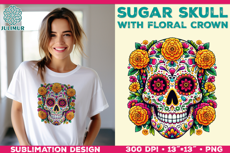 Cute Sugar Skull Sublimation Design with Floral Crown