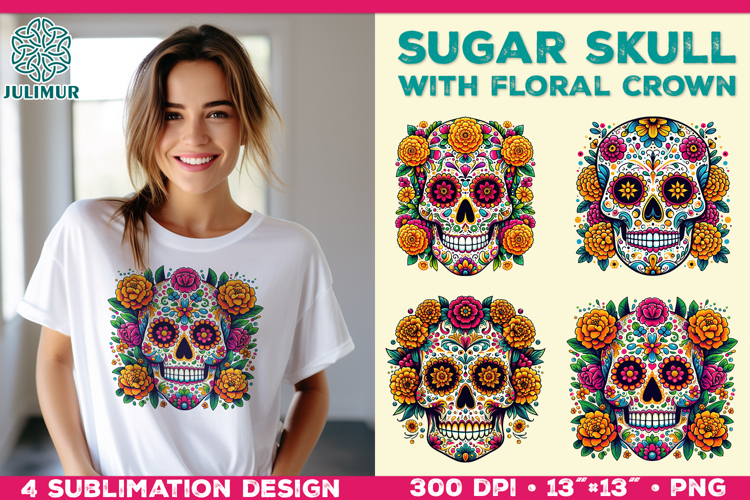 Cute Sugar Skull Sublimation Design with Floral Crown