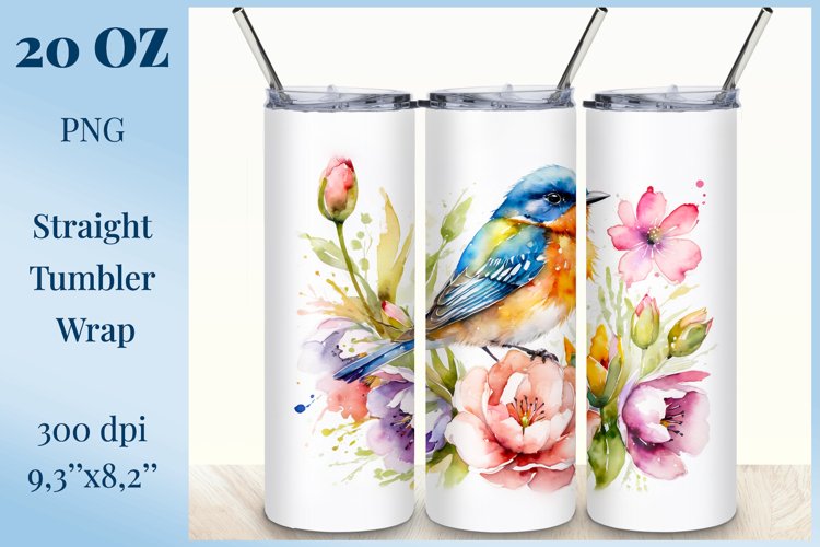 Sublimation Tumbler Wrap Watercolor Flowers and Bird, Png