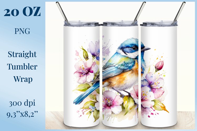 Sublimation Tumbler Wrap Watercolor Flowers and Bird, Png