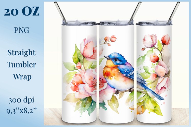 Sublimation Tumbler Wrap Watercolor Flowers and Bird, Png