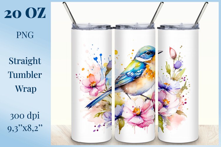 Sublimation Tumbler Wrap Watercolor Flowers and Bird, Png